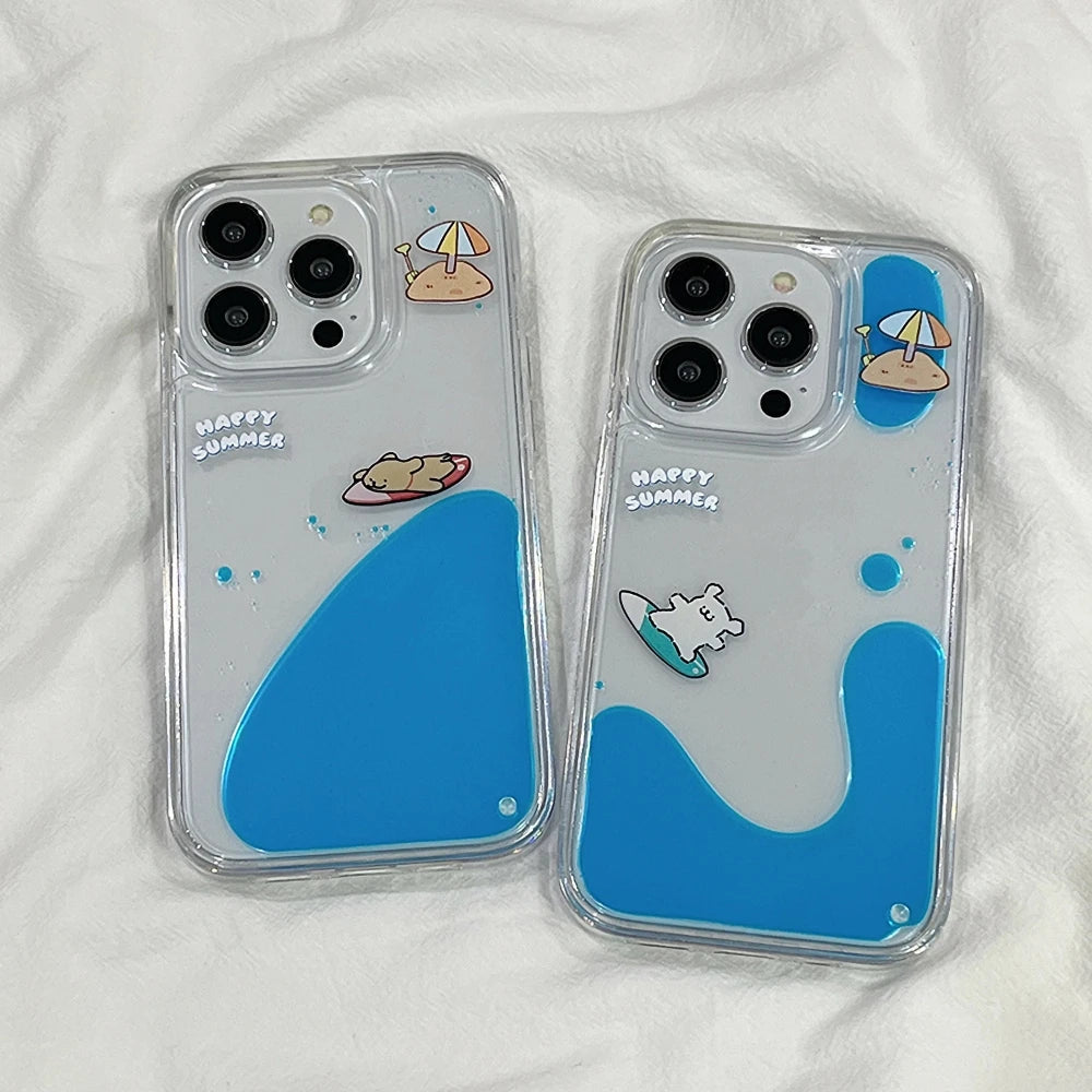 Summer Surfing Puppy Floating Liquid Case for IPhone 15 Pro Max 14 16 Luxury Dynamic Moving Around Water Cover Clear Hard Fundas