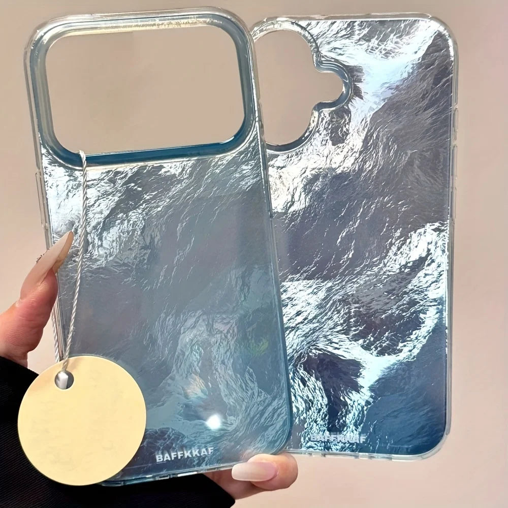 Luxury Gradient Baby Blue Laser Glacial Pattern Case For iPhone 17 Pro Max 17 Pro 16 15 14 13 12 Pro Max Plus 11 Stylish Cover
