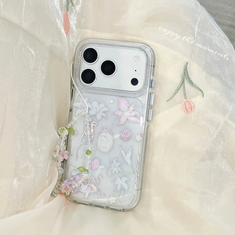 Clear Silver Lily Flower Rabbit Phone Case For iPhone 17 Pro 16 15 14 Pro Max Cover with Chain Strap Fashion Shockproof Hard Cas