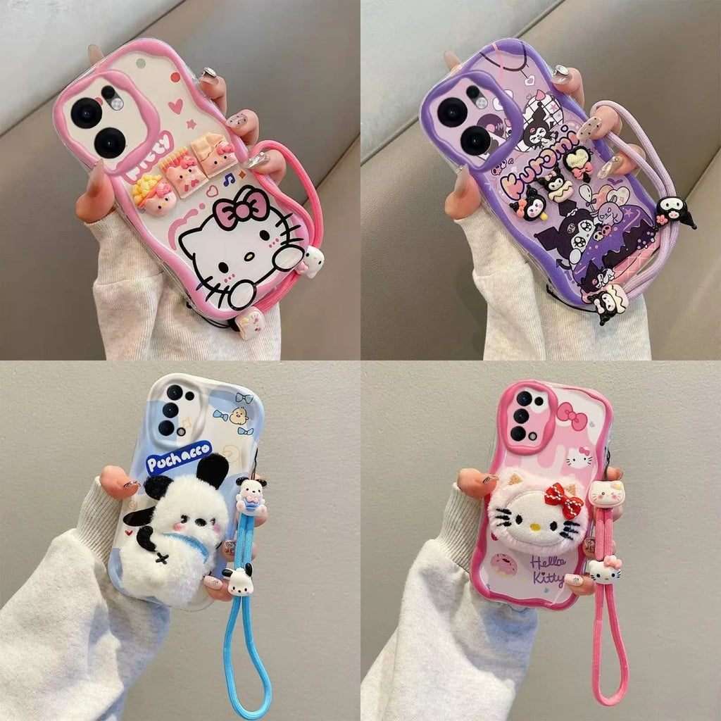 3D Kuromi Kitty Phone Case For Samsung Galaxy A02S A12 A22 A32 A52 A72 A13 A23 A33 A53 A73 A03 Wrist Strap Cartoon Plush Cover