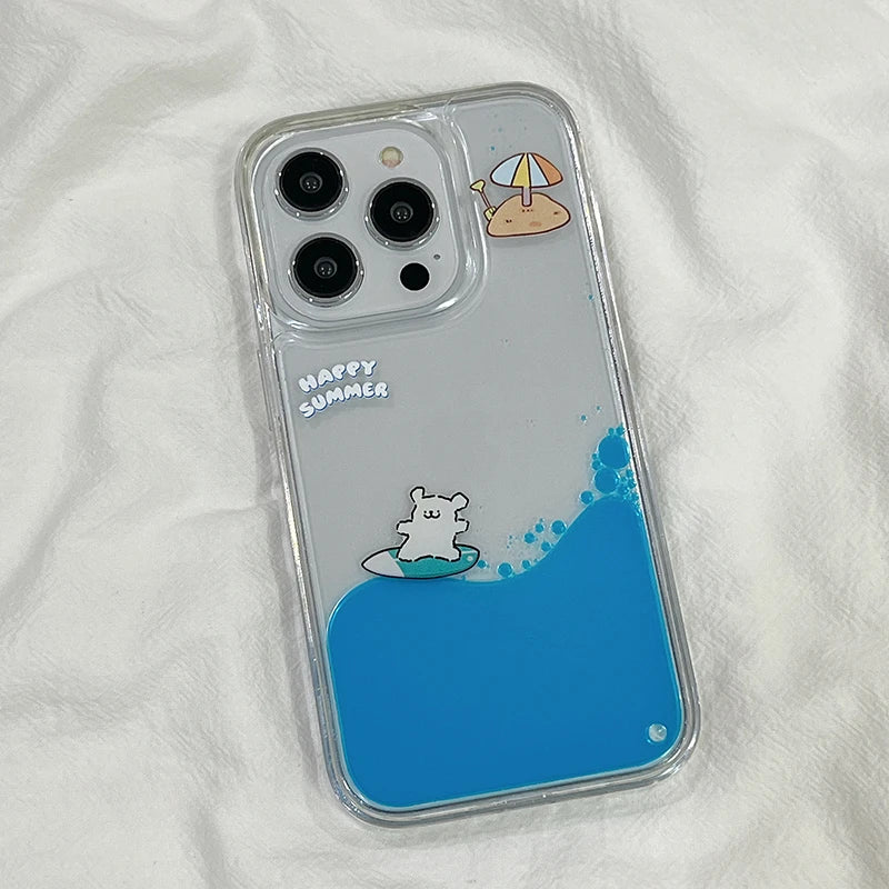 Summer Surfing Puppy Floating Liquid Case for IPhone 15 Pro Max 14 16 Luxury Dynamic Moving Around Water Cover Clear Hard Fundas