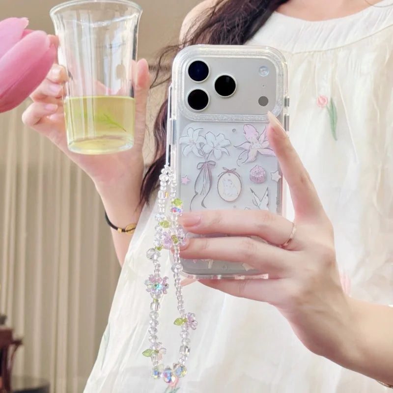 Clear Silver Lily Flower Rabbit Phone Case For iPhone 17 Pro 16 15 14 Pro Max Cover with Chain Strap Fashion Shockproof Hard Cas