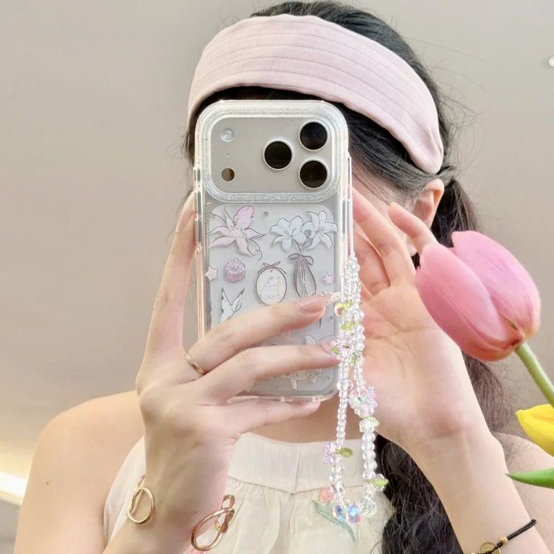 Clear Silver Lily Flower Rabbit Phone Case For iPhone 17 Pro 16 15 14 Pro Max Cover with Chain Strap Fashion Shockproof Hard Cas