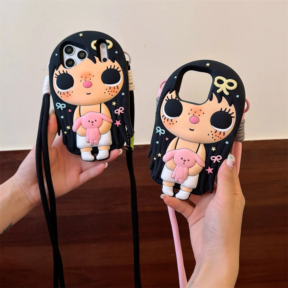Kawaii 3D Cartoon Girls' Silicone Phone Case Cute Rabbit Crossbody Shockproof Cover for iPhone 17 Pro 13 14 15 16 12 Pro Max Fun