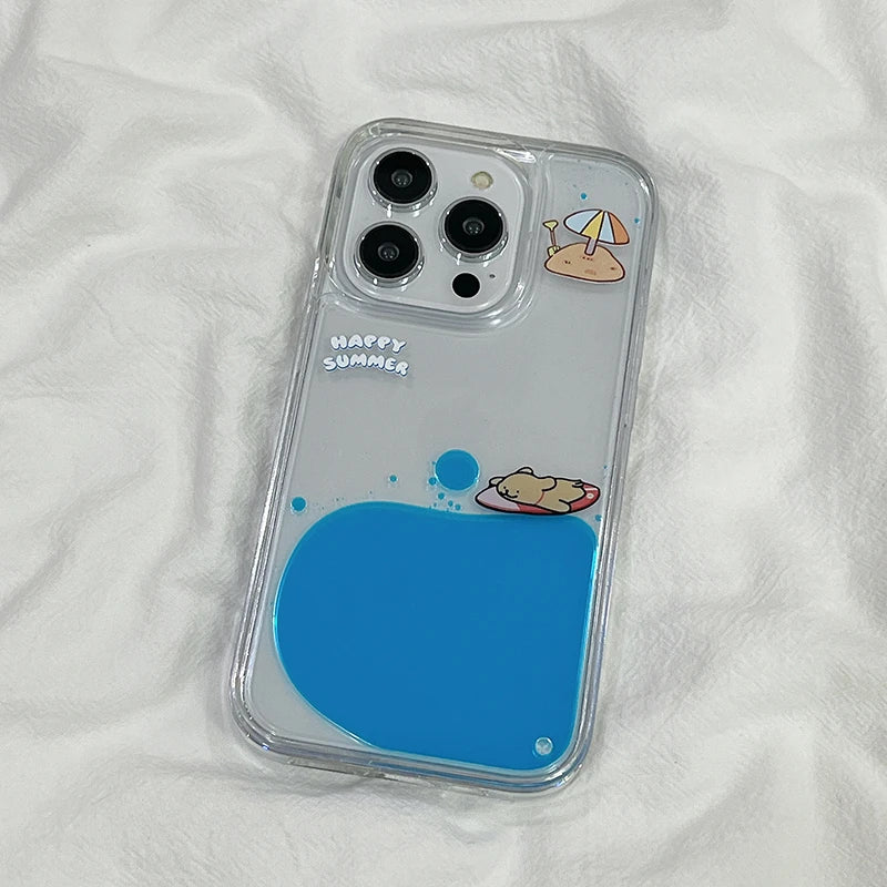 Summer Surfing Puppy Floating Liquid Case for IPhone 15 Pro Max 14 16 Luxury Dynamic Moving Around Water Cover Clear Hard Fundas