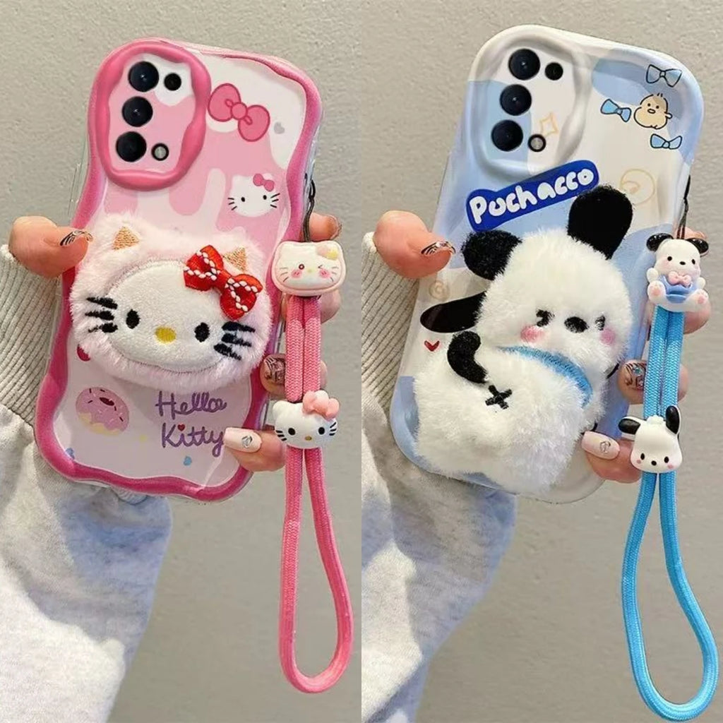 3D Kuromi Kitty Phone Case For Samsung Galaxy A02S A12 A22 A32 A52 A72 A13 A23 A33 A53 A73 A03 Wrist Strap Cartoon Plush Cover